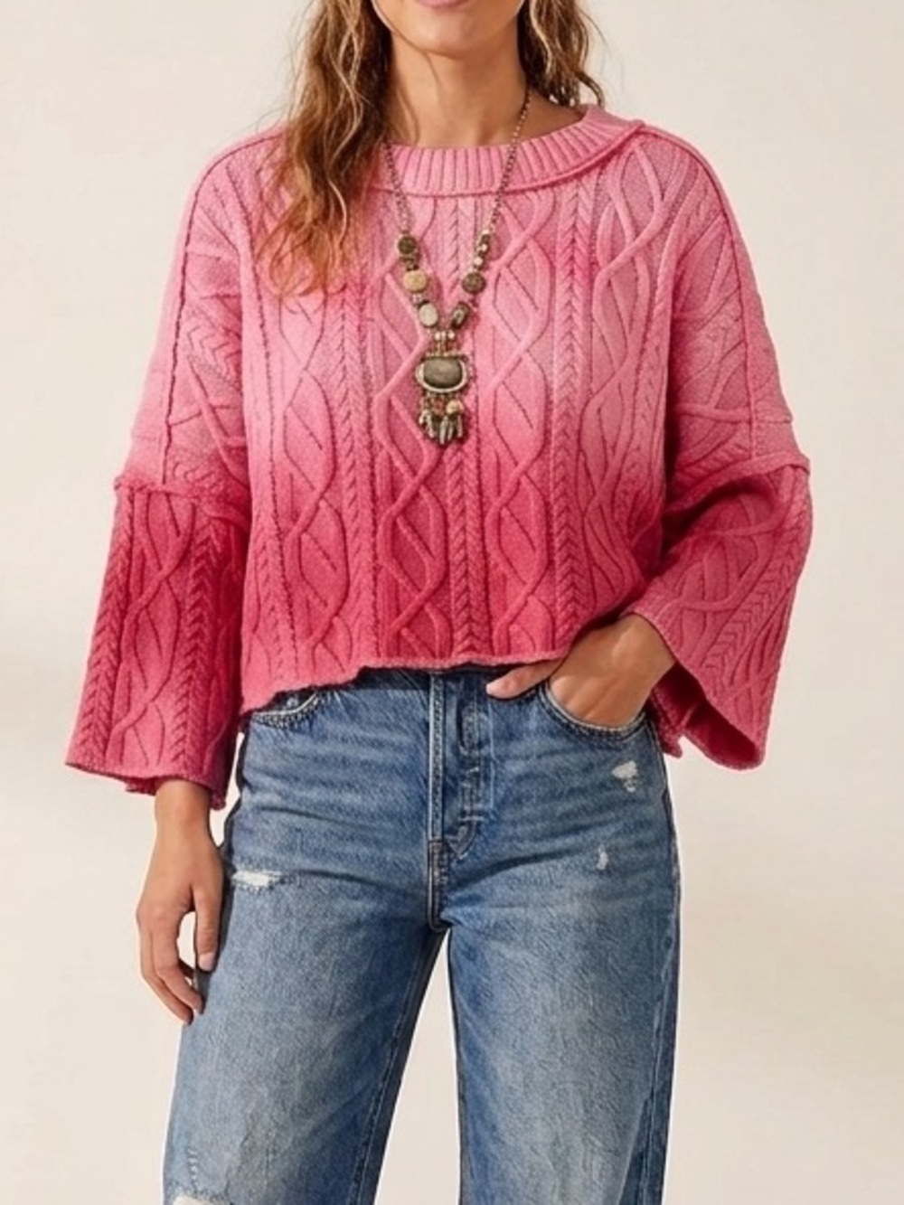 Free People Pink Cable Knit Washed Ashore Jumper Ombré Pink NWT Small